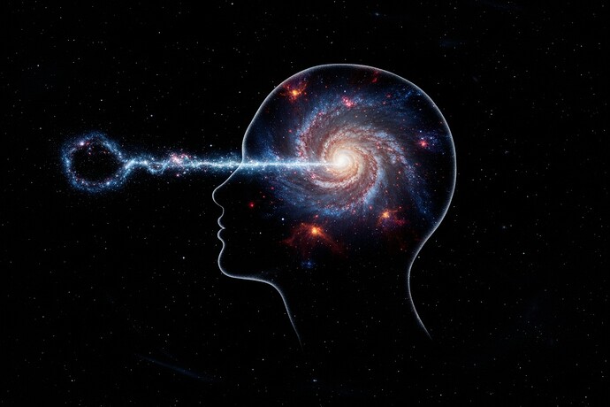 A surreal cosmic Rorschach. A human head in profile, looking upward. The cranium is a swirling galaxy and nebulae. A beam of light projects from the eye, transforming into a constellation that mirrors the internal cosmos. Deep space background.