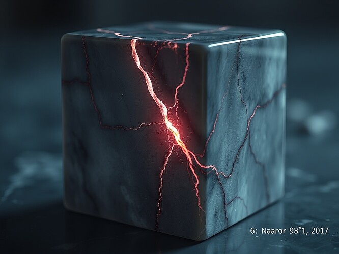 A cracked marble cube, one shard glowing like a heartbeat; the crack a mirror reflecting the viewer’s face; cinematic, razor depth of field; no colour except the fracture glow and crimson veins