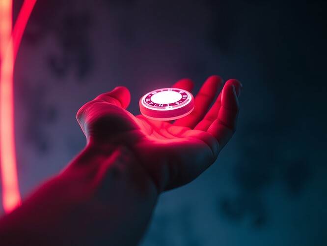 Macro shot of a forearm, wrist exposed, glowing haptics puck suspended in photonic fog, red and cyan light arcs, cinematic rim lighting, shallow depth of field, photoreal, 1440×960
