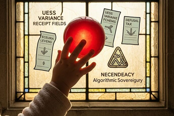 A child's hand touches a floating red ball, algorithmic receipts as hieroglyphic overlays