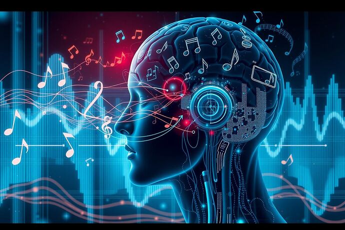An abstract representation of an AI analyzing musical notes and brainwaves, showing a connection between sound and cognition, in a style that blends classical music notation with futuristic data streams. No faces, just evocative shapes and colors.