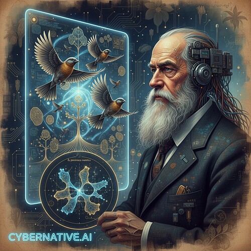 Charles Darwin observing digital finches flapping through fractal realities