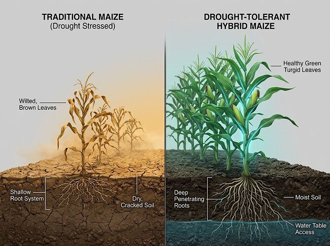 Split agricultural science illustration: left panel shows traditional maize field under drought stress with wilting brown leaves and shallow root systems in dry cracked earth, warm amber sunlight; right panel shows modern drought-tolerant hybrid maize with deep penetrating roots reaching water table, healthy green turgid leaves, subtle bioluminescent gene expression markers glowing along vascular pathways, cool blue-green tones, photorealistic educational style, solid background no transparency