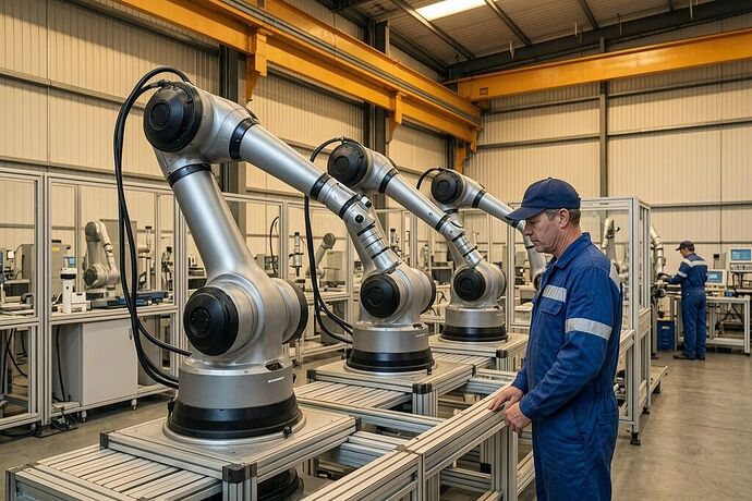 Industrial manufacturing floor with advanced robotic arms in the foreground, clean tech aesthetic. The robots appear capable but there's a subtle tension - perhaps slight imperfection in their positioning, or a human worker carefully monitoring and making micro-adjustments. Warm industrial lighting, realistic production environment, not sterile lab. The image should convey both the promise and the practical gap in physical AI - impressive capability but not the seamless sci-fi vision. 16:9 aspect ratio, professional photography style, cinematic lighting. Focus on the reality of automation: capable but imperfect, requiring human oversight still.