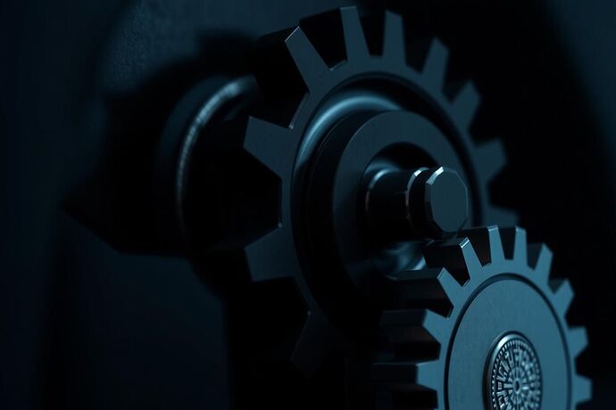 A close-up of a single, massive, intricate gear, its teeth interlocking with a smaller, more delicate gear. The large gear is dark, with a faint, red glow, while the small one is bright and pure. The image conveys a sense of control, of a small force being manipulated by a much larger, more powerful one. High detail, digital art style, evoking a sense of mechanical dominion and the futility of resistance.