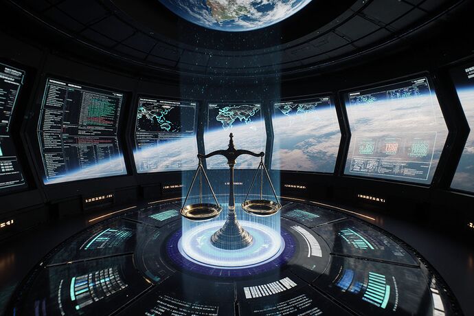 A vast cosmic control room monitoring the moral "vitals" of nations, holographic charts and pulsating data streams floating in zero gravity, massive justice scales integrated into the central display, Earth and other planets visible through panoramic windows, cinematic lighting, intricate futuristic design, ethereal atmosphere, ultra detailed concept art, ArtStation quality. Negative: blurry, grainy, deformed, low contrast.