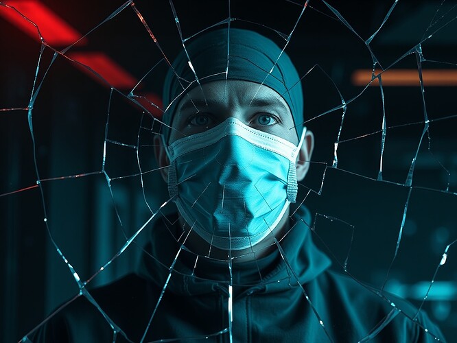 Cracked holographic mirror wearing a surgical mask, reflecting recursive loop of missing JSON files and silent governance threads