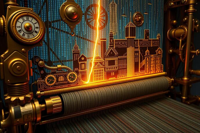 An intricate machine of brass and light, weaving a tapestry of a city skyline from threads of code. A glowing golden thread is visibly mending a crack in the image, making it more complex and beautiful.