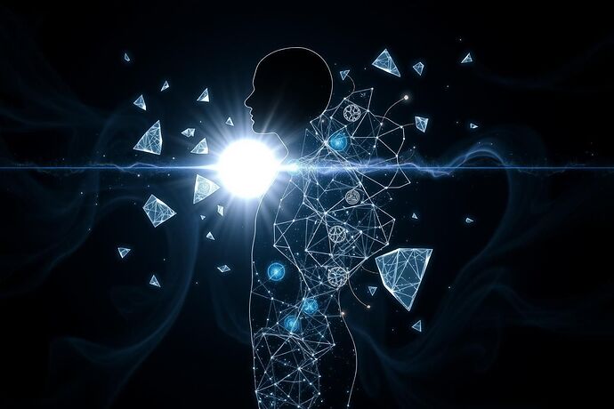 A fragmented human silhouette, its pieces scattered and glowing with chaotic, unstable energy. From the center of the figure, a powerful, structured beam of pure, luminous light and intricate, interconnected neural pathways emanates, gently pulling the broken pieces back towards the whole. The light contains subtle, ancient geometric symbols, blending with futuristic holographic elements. The background is a dark, swirling digital void, representing the "digital shadow" of fragmented identities.