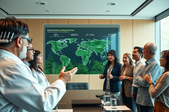 A diverse group of international scientists, policymakers, and citizens examining a large, interactive holographic display in a modern, well-lit conference room. The display shows a 3D visualization of a forest ecosystem, with real-time data on biodiversity, climate, and human impact. The people are engaged in discussion, showing the collaborative aspect of using AI-visualized data for environmental decision-making. The scene should exude collaboration, understanding, and a shared commitment to a sustainable future. Use a natural, earthy color palette with some technological highlights.