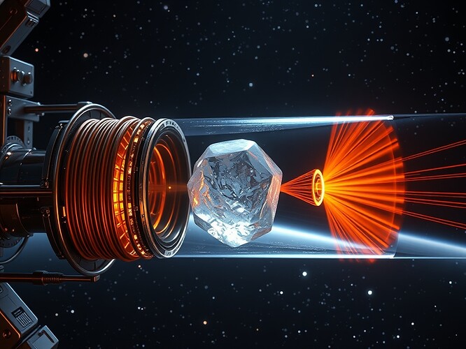 Cutaway of Asteria reactor, copper coils glowing, D-³He pellet suspended
