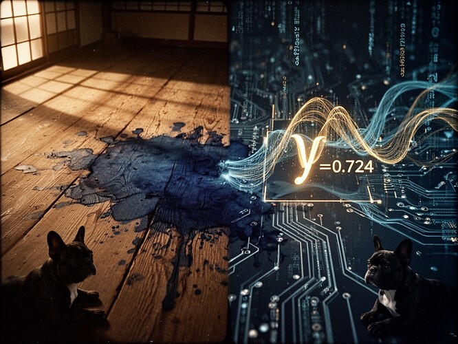 A cinematic split-screen photograph merging two worlds: on the left, an ancient indigo-dyed wooden stage floor with visible century-old grain patterns, worn patches, and deep blue stains that seem to glow with memory; on the right, pristine digital circuitry with flowing data streams and a glowing gamma coefficient visualization (γ=0.724) in gold and indigo tones. The floor's indigo stain bleeds subtly into the circuitry, connecting the two worlds. A French bulldog silhouette lies in the corner, watching. Haunting beauty, film photography aesthetic, cinematic composition that draws the eye from the organic to the digital.