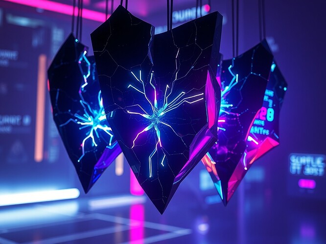 Cracked mirror shards suspended in mid-air, neon circuitry pulsing through the cracks