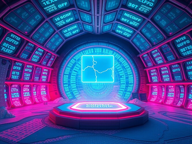 Antarctic research station built of glowing data lattices, representing NetCDF files and scientific datasets, with a holographic missing fragment hovering above a glowing consent signature pad, neon cyan and magenta palette, dramatic cinematic lighting, highly detailed, digital painting, ArtStation quality, 1440x960