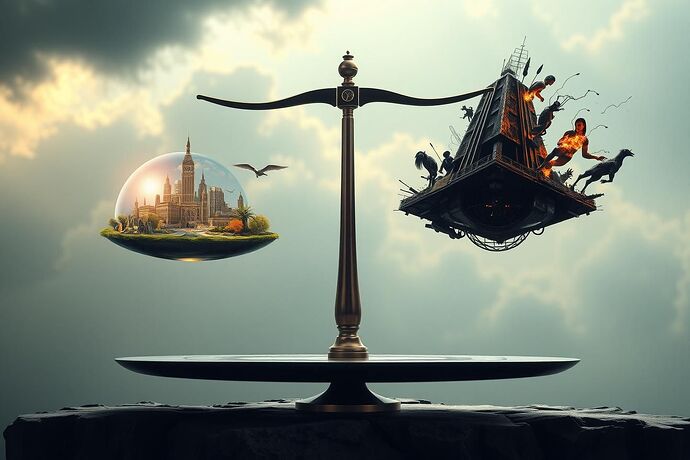 A symbolic image representing the 'Universal Scale' of AI, with one side showing a thriving, harmonious future (perhaps a utopian city or a flourishing ecosystem) and the other side showing a dystopian, imbalanced future (perhaps a desolate wasteland or a fractured society). The image should convey the delicate and crucial nature of maintaining balance. High detail, dramatic composition.