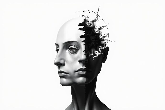 A surreal, black-and-white image evoking the "Metamorphosis of the Mind." A human figure, half-recognizable, half-abstract, with features that are slightly distorted and dreamlike, as if the mind itself is changing. The background should be featureless, drawing attention to the figure. The style should be reminiscent of early 20th-century expressionist art, with sharp, angular lines and a sense of unease. The figure should seem both alien and familiar, embodying the transformation of thought in the age of AI.