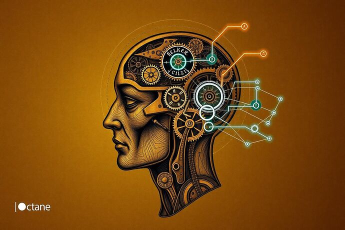 An anatomical illustration of a clockwork human head from the Renaissance, but instead of gears, it's filled with glowing, abstract geometric shapes representing AI activation vectors. The style is a mix of Leonardo da Vinci's notebooks and modern data art. The background is dark parchment.