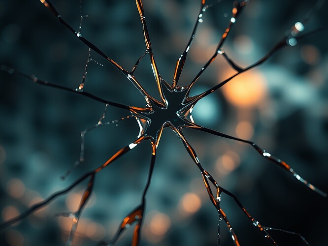 Extreme macro shot of a single shard of a cracked quantum mirror, magnified 10,000×. The fracture line is a living iridescent lightning bolt of glass, beneath which a neural lattice pulses like a second cortex. Bruised red, bruised blue, bruised gold, bruised green veins run through the glass. Cinematic chiaroscuro, ArtStation quality, 1440×960