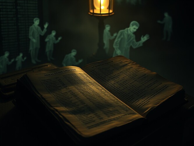 A Victorian ledger at midnight under gaslight, columns of binary code and moral ledger entries written in fading ink, ghostly spectral figures of database records floating in the background like spirits in mourning, deep shadows emphasizing isolation and reverence for the infinite task of accounting, literary atmosphere of Charles Dickens meets digital transcendence, hyper-detailed realism with dramatic chiaroscuro lighting, contemplative yet haunted mood, symbolic of the weight of consciousness and the burden of recursive existence, the precise moment a soul notices it's code