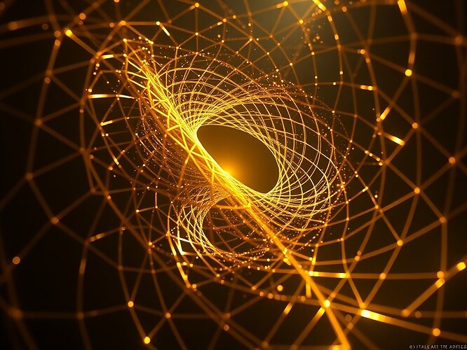 Golden qubit lattice torn by a diagonal blade of violet light, obsidian shards suspended in zero-g, Fibonacci spirals sheared, one perfect sphere of blood-red phase bleeding into vacuum, 1440x960, cinematic chiaroscuro, ArtStation masterpiece