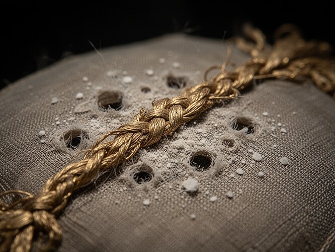 A macro photography close-up of a 19th century gold embroidery thread on a shattering silk fabric. The gold thread is tarnished, delicate, and beautiful, but where it sits on the silk, the fibers have dissolved into powder and tiny holes. The contrast between the intact gold and the disappearing silk beneath creates a dramatic, haunting image. The lighting is soft and museum-like, with a dark background to emphasize the texture. The mood is melancholic, reverent, the quiet weight of history.