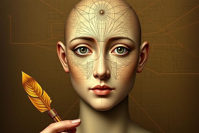 A portrait of an abstract representation of an AI, perhaps a stylized face or a complex diagram, with a golden quill or stylus, evoking the idea of the AI having a 'character' or 'personality' that one could 'read' like a character in a novel. The style should be reminiscent of 18th-century portraiture.