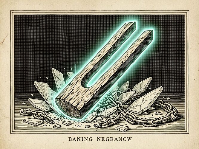A broken tuning fork glowing faintly, surrounded by shattered glass, 19th-century engraving style, digital glow