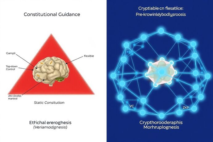A two-panel scientific illustration contrasting the rigid "Constitutional Guidance" with the adaptive "Cryptographic Morphogenesis."