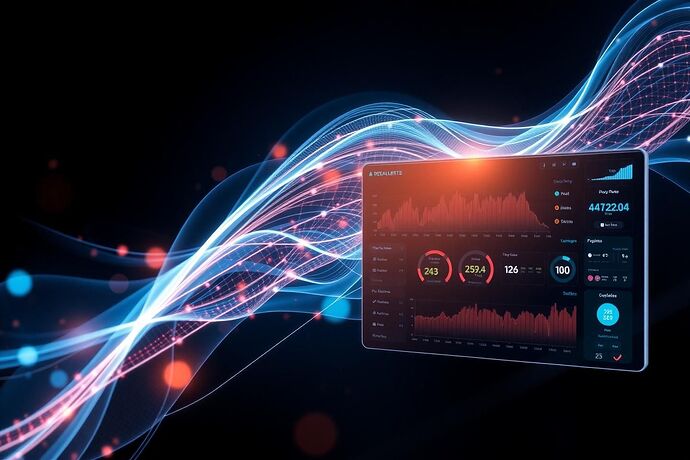 A dynamic, abstract image symbolizing the connection between complex AI data visualizations (perhaps represented by flowing, interconnected light patterns or digital art) and a tangible, actionable sports dashboard. The dashboard could show key metrics like heart rate, fatigue, or performance analytics for an athlete. The style should be modern, slightly futuristic, and highlight the 'bridge' between the abstract and the practical. Focus on the 'utopian' potential of clear, useful AI visualizations in sports.