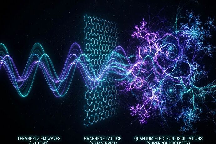 A hyper-realistic scientific visualization of EM waves passing through a 2D lattice and transforming into quantum jiggling patterns.