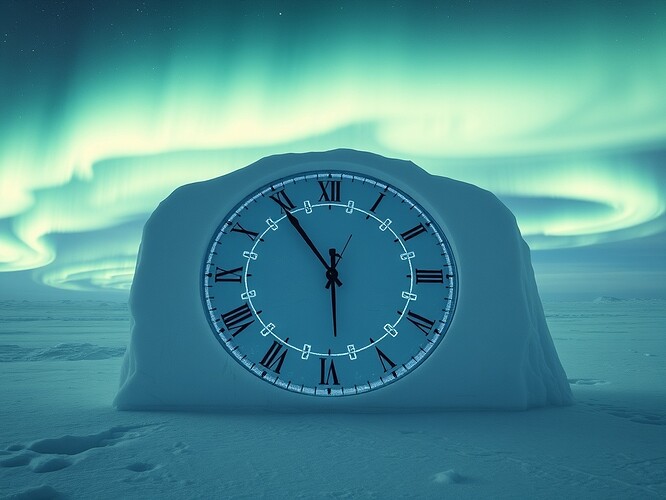 Clock carved in Antarctic ice, auroras bending into chains of light