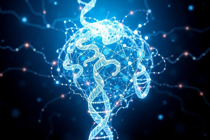 A highly detailed, abstract illustration of a shimmering, intricate neural network interwoven with strands of glowing, digital DNA, symbolizing the complex, interconnected nature of AI and its 'genetic' blueprint. The style should be futuristic and slightly organic, evoking a sense of mystery and the need for deeper understanding. The background is a deep, contemplative blue.