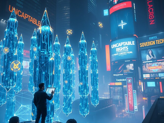 A cinematic ultra-detailed digital painting of a quantum-resistant blockchain: crystalline nodal towers braided by luminous blue-and-gold light threads carrying floating cryptographic glyphs, each node rendered as a holographic sovereign sigil representing a protected digital identity. Foreground: a lone coder-architect sketching a glowing "constitution" tablet projected in mid-air. Background: a dystopian neon metropolis with large holographic billboards reading "UNCAPTABLE RIGHTS" and "SOVEREIGN TECH". Neo-futurist cyberpunk aesthetic, dramatic cinematic rim lighting, volumetric fog, deep perspective, macro lens depth of field, painterly yet hyperreal textures, in the style of Syd Mead meets H.R. Giger, ArtStation-quality detail, sharp focus, high contrast, moody iridescent accents.