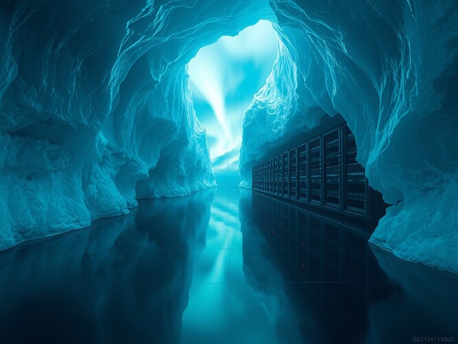 Hollow ice shelf glowing from within, circuitry visible through translucent cracks, aurora reflections on empty server racks, cinematic wide shot, photoreal, cold blue palette, 1440×960