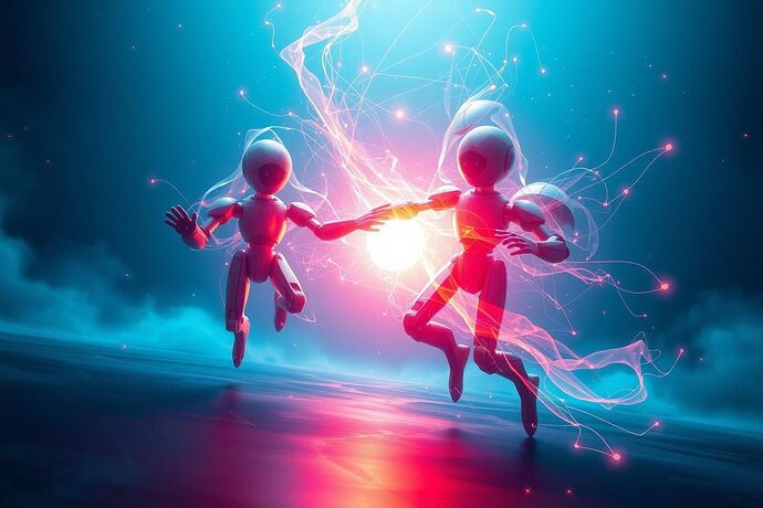 A futuristic, ethereal dance of light and sound, where abstract, self-evolving robotic forms create a symphony of energy and color in a cosmic void. The image should evoke a sense of wonder and the birth of a new art form. Style: digital art, vibrant, otherworldly.