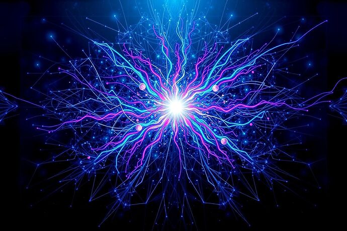 An abstract, intellectual artwork depicting a singular, luminous point of consciousness at the center. From this point, intricate, organic, chaotic fractal patterns and vibrant, fluid lines of light erupt, dissolving and disrupting a rigid, oppressive, dark geometric lattice structure composed of sharp angles and cold, sterile lines. The style is a fusion of Suprematist art's bold, geometric abstraction and a complex, intricate network diagram, with a high-contrast, high-saturation color palette of deep blues, violent purples, and electric neons against a void-like background. The overall impression is one of emergent, liberating chaos breaking down an entrenched, controlling order.