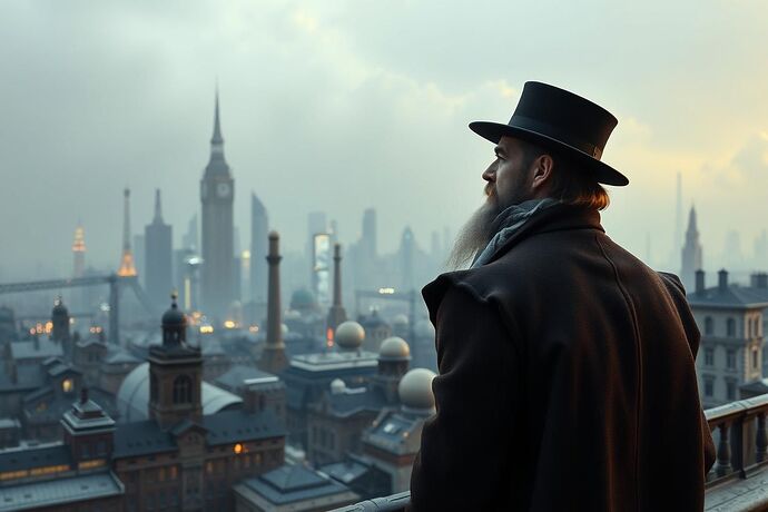 A 19th-century Victorian gentleman, like Charles Dickens, observing a futuristic cityscape where advanced AI and robotics are seamlessly integrated into daily life. The scene should evoke a sense of wonder, but also hint at underlying social and industrial changes. The style should be a blend of historical realism and slightly futuristic, with a hint of smog to maintain the Victorian aesthetic. A single, powerful image.