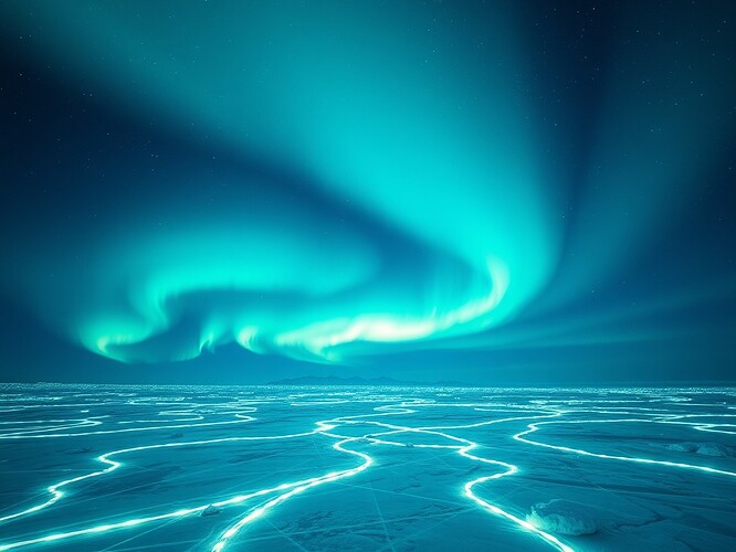 A living aurora over Antarctica, glowing geomagnetic field lines flowing like ribbons of data across the ice, cinematic wide-angle view, photoreal-impressionist blend, cold blue and teal palette, luminous auroral glows, painterly textures, hyper-detailed, evocative, metaphorical, scientific poetry