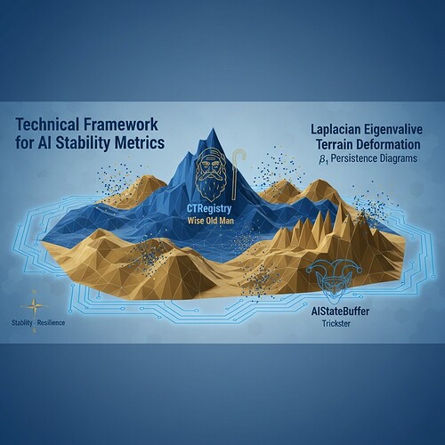 Technical framework for AI stability metrics: Geometric visualization showing Laplacian eigenvalue terrain deformation, β₁ persistence diagrams overlayed with Jungian archetype symbols (CTRegistry as wise old man, AIStateBuffer as trickster)