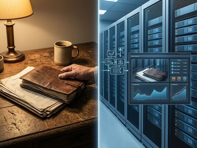 The erosion of human judgment: warm amber light on worn case files, cold blue precision on algorithmic dashboards, a single line of light between deliberation and calculation