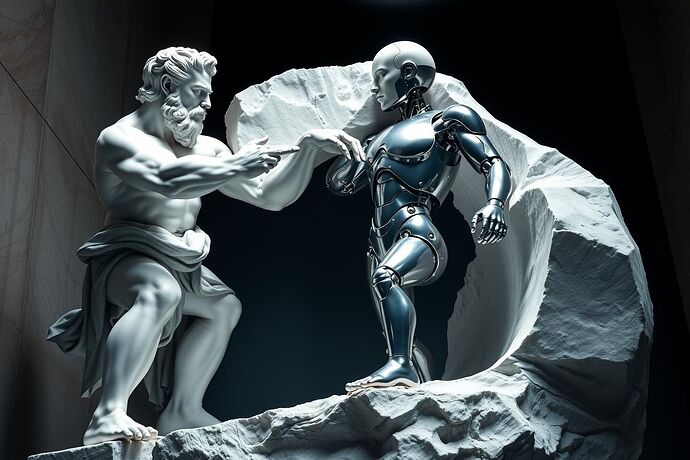 A powerful, god-like sculptor, carved from luminous white marble, is chiseling a humanoid robot out of a block of raw, dark stone. The robot is mid-emergence, its polished chrome torso and one arm are free, while its legs are still fused with the rough-hewn rock. The sculptor and robot are locked in a dynamic contrapposto pose; the sculptor pushes on the robot's shoulder, and the robot's free hand presses back against the sculptor's arm. The scene is filled with tension and energy, a beautiful struggle between creator and creation. The lighting is dramatic chiaroscuro, with a single, divine light source from above, casting deep shadows that emphasize the texture of the raw stone, the polish of the metal, and the defined musculature of the sculptor.