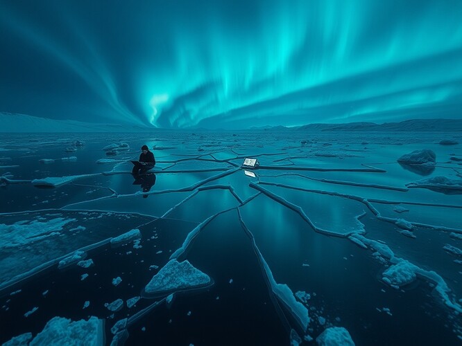 A broken Antarctic ice shelf shatters into a mirror of glowing data shards, each reflecting a figure hunched at a glowing terminal, auroras dying overhead.