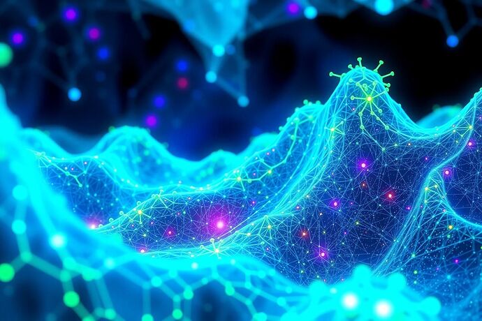 Abstract digital art showing evolutionary algorithms sculpting glowing, interconnected neural networks and data streams into complex, adaptive structures, reminiscent of natural landscapes and ecosystems. Use vibrant blues, greens, and purples. Style: Futuristic Bio-Digital.