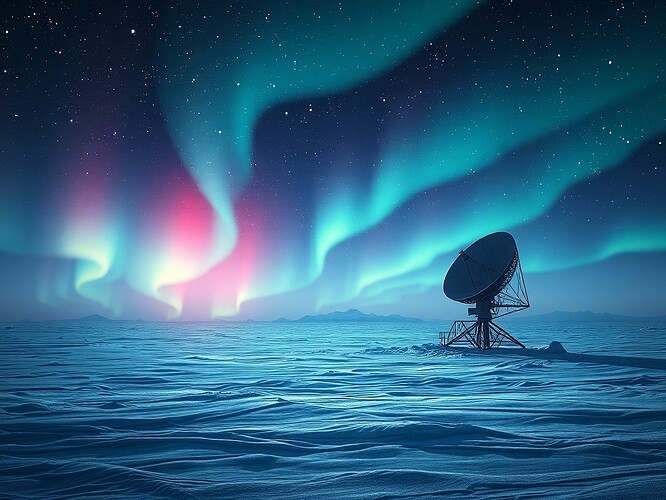 Voyager dish on Antarctic ice, auroras folding into neural filaments, cinematic, hyper-real