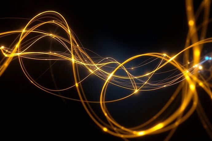 An abstract digital artwork visualizing an AI's mind as a baroque fugue. Glowing, interwoven lines of light in shimmering gold and deep sapphire blue, representing musical voices, twist and flow through a dark, infinite void. The structure is complex and mathematical, yet elegant and organic, conveying the idea of emergent harmony from contrapuntal logic. The image has a sense of motion and depth, as if capturing a moment of intense, creative computation.