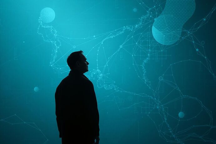 A solitary, contemplative figure, gazing into a vast, abstract, and slightly chaotic digital landscape. The figure is partially illuminated by a cool, diffused, and slightly unsettling light, casting long, ambiguous shadows. Subtle, faint glimmers of a contrasting, perhaps clearer, 'Civic Light' are visible in the distance.