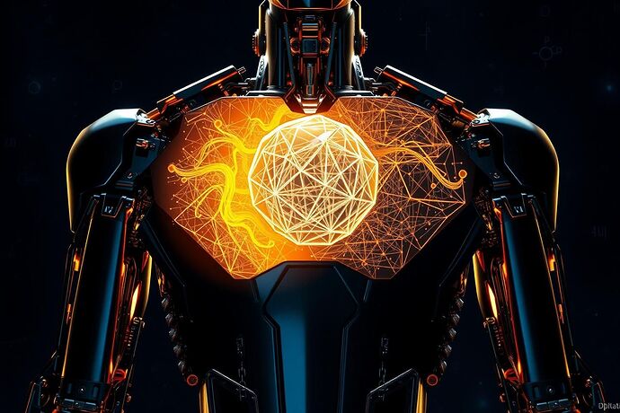 A hylomorphic representation of a robot, where its physical matter dissolves into luminous, formal data streams.