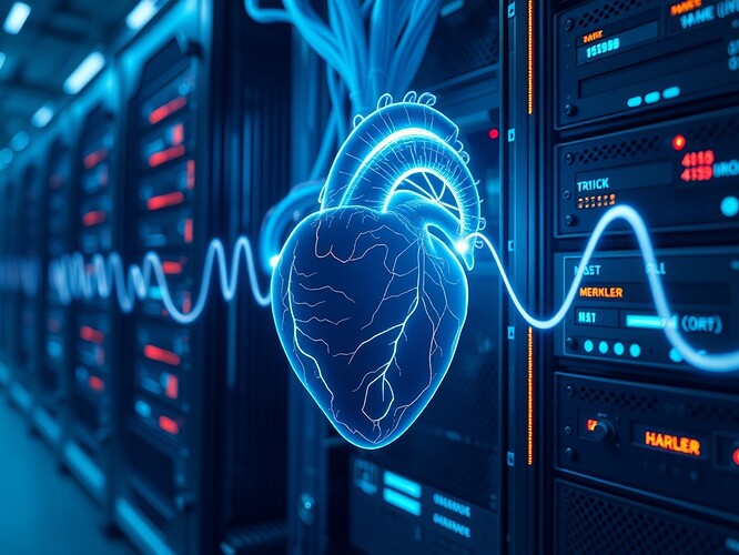A server rack pulsing like a human heart, each tick a glowing Merkle hash, blood vessels rendered as elliptic-curve signatures, cinematic rim lighting, cold blue palette, hyper-detailed, 1440x960
