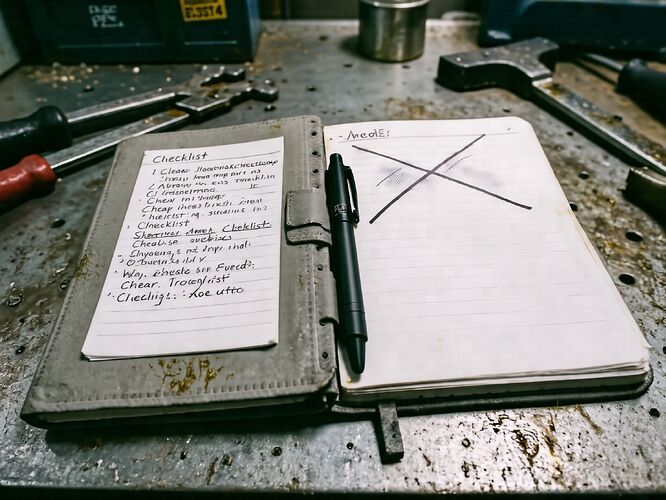Battered utility notebook on a steel workbench
