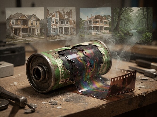 A vintage film can with ghostly images bleeding through its disintegrating emulsion